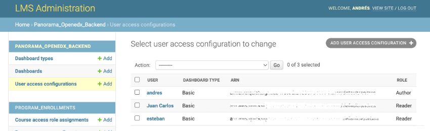 Panorama dashboard groups configuration in the Open edX administration panel